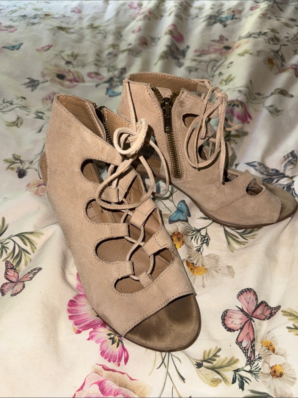 Steve Madden Taupe Lace-Up Cutout Peep-Toe Heels 7.5 Nilunda